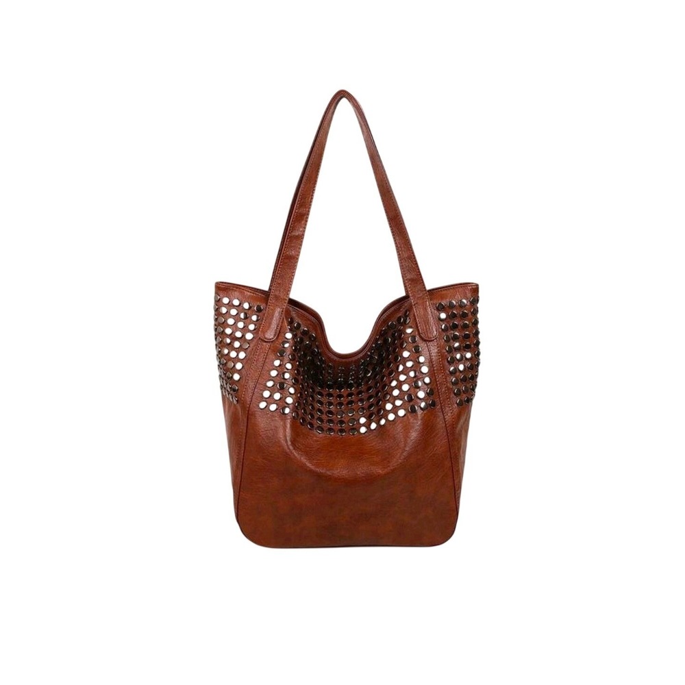 Studded Tote Bag Brown Faux Leather Shoulder Bag Women Large Hobo Purse - Picture 7 of 7